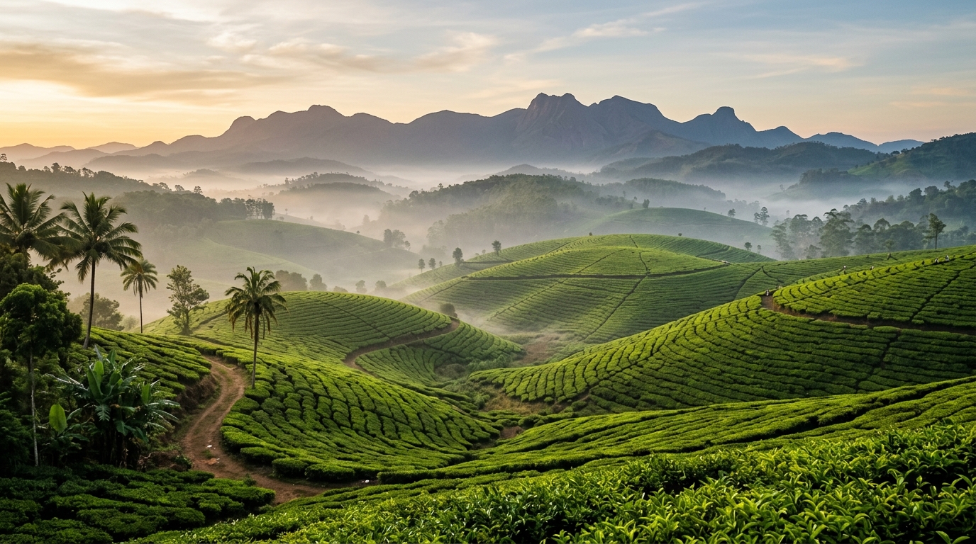 Real place photograph of misty emerald tea gardens and hills of Munnar, Kerala